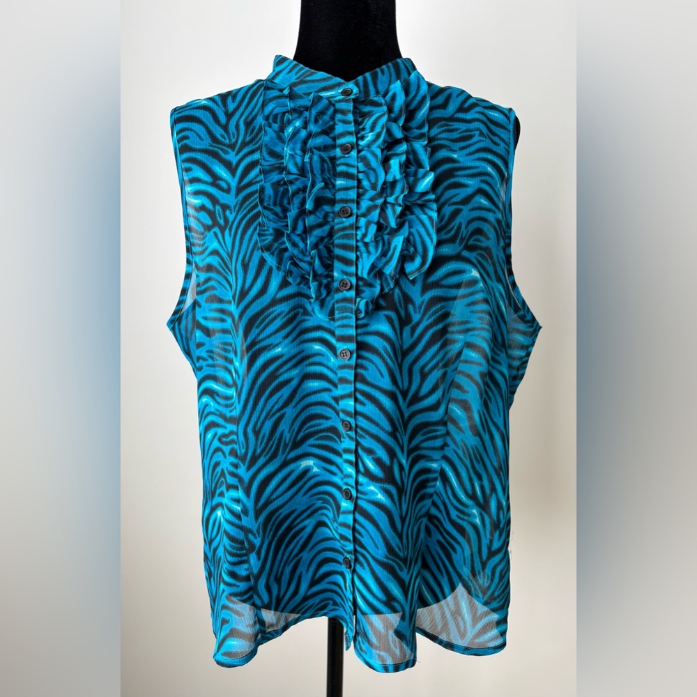 Jessica Turquoise Zebra Print Tuxedo Ruffle Blouse Size XL